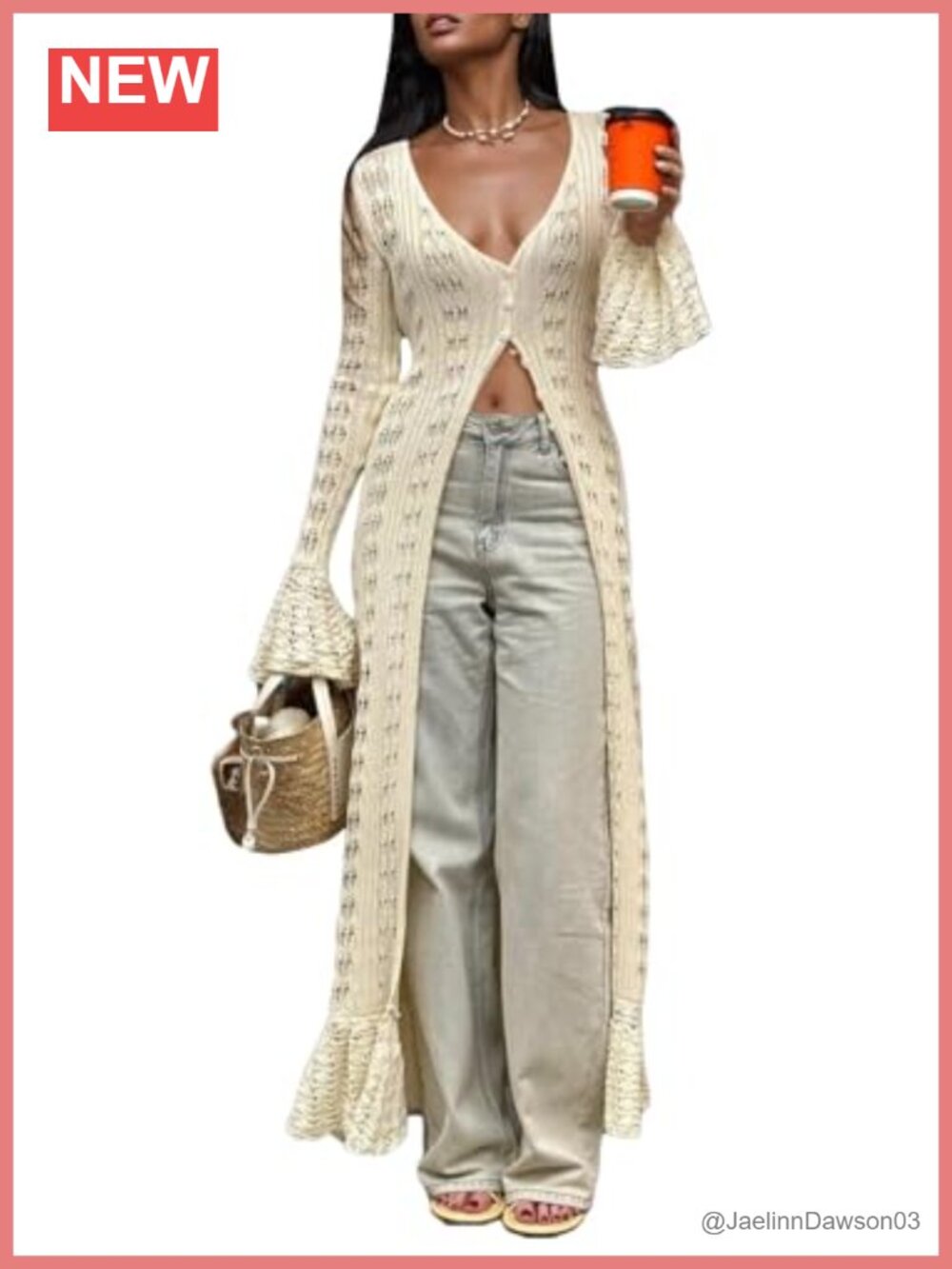 Crochet Hollow Out Knit Maxi Cardigan Long Sleeve Button Down Cover Up